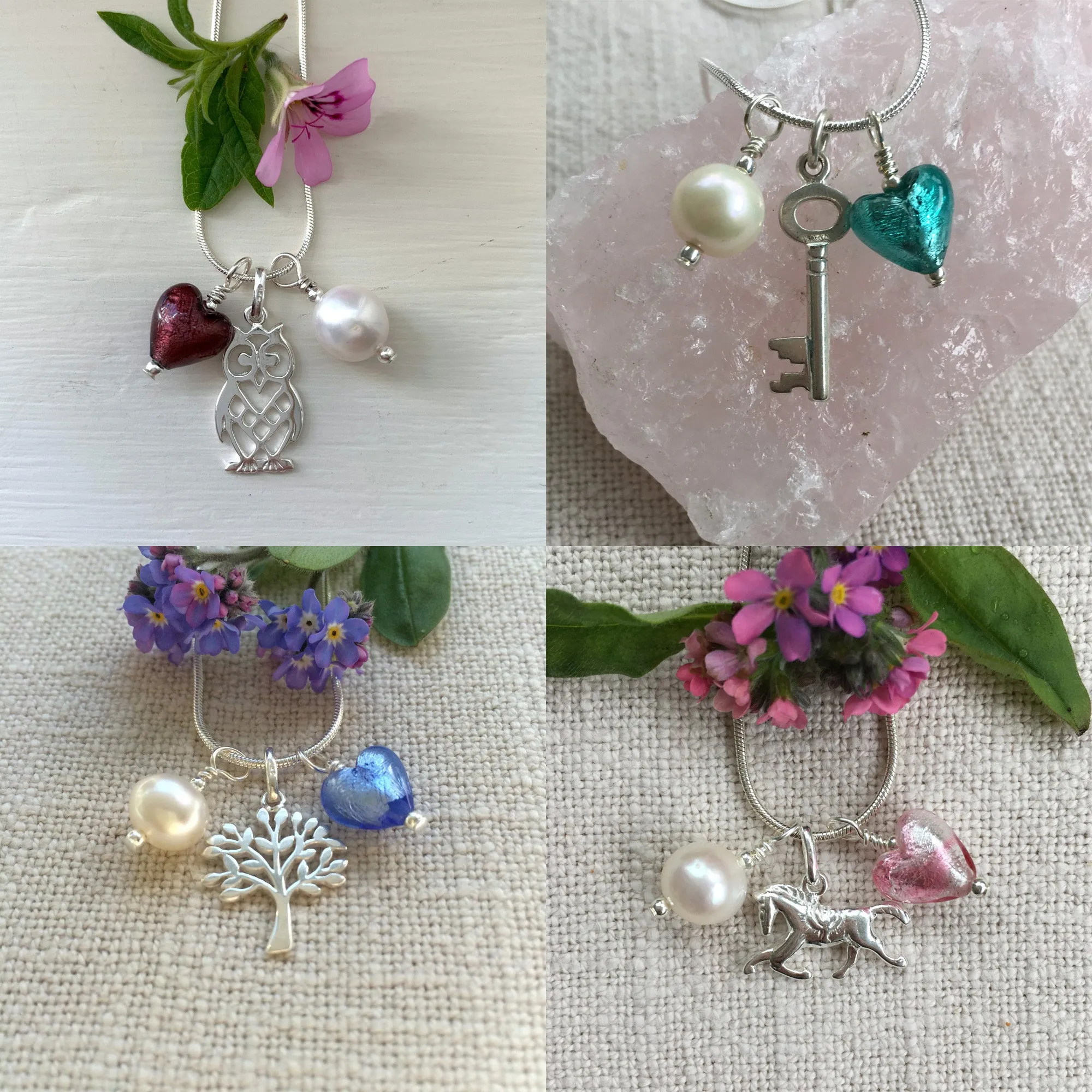 Three charm necklace in silver with dark green (emerald) heart and *charm options*