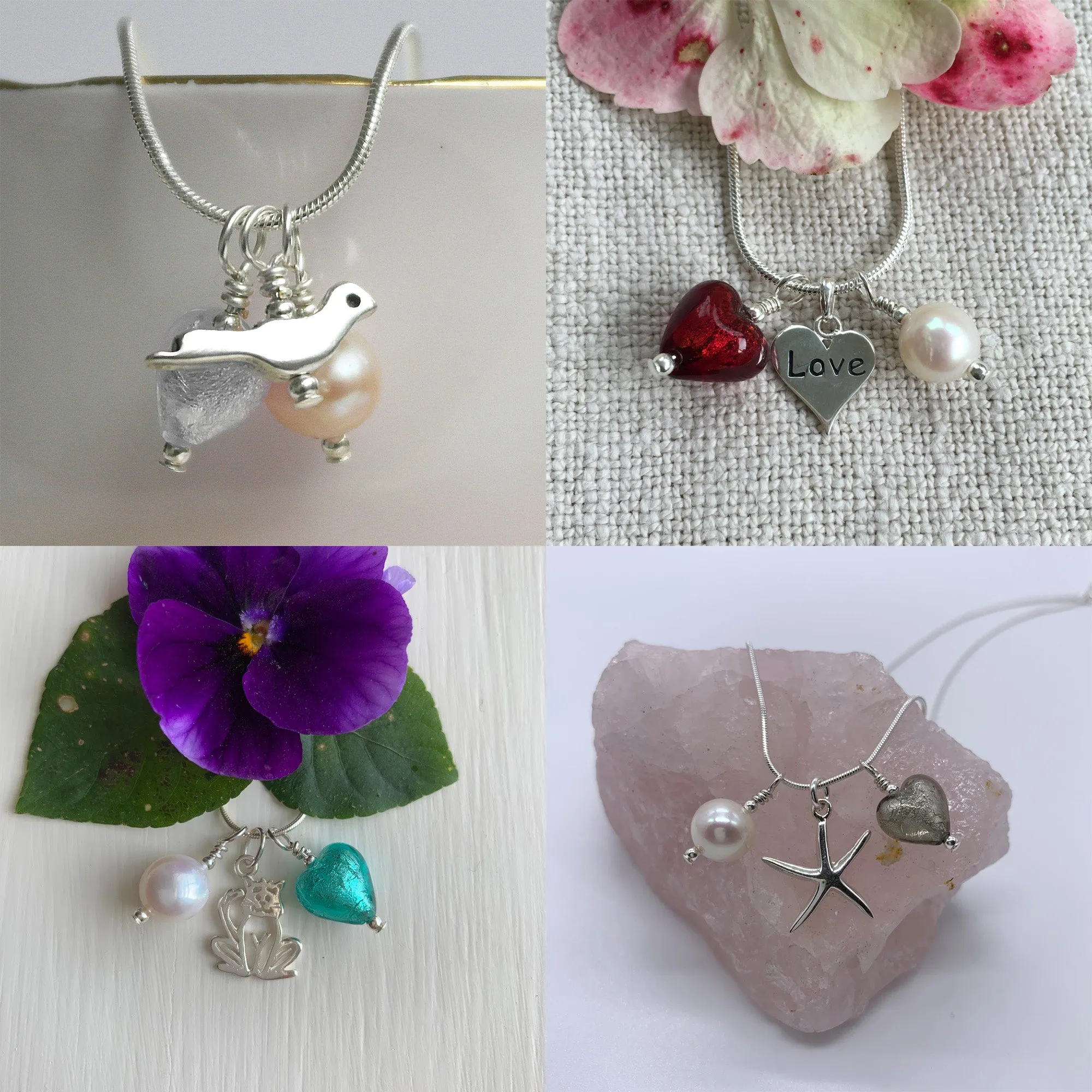 Three charm necklace in silver with dark green (emerald) heart and *charm options*