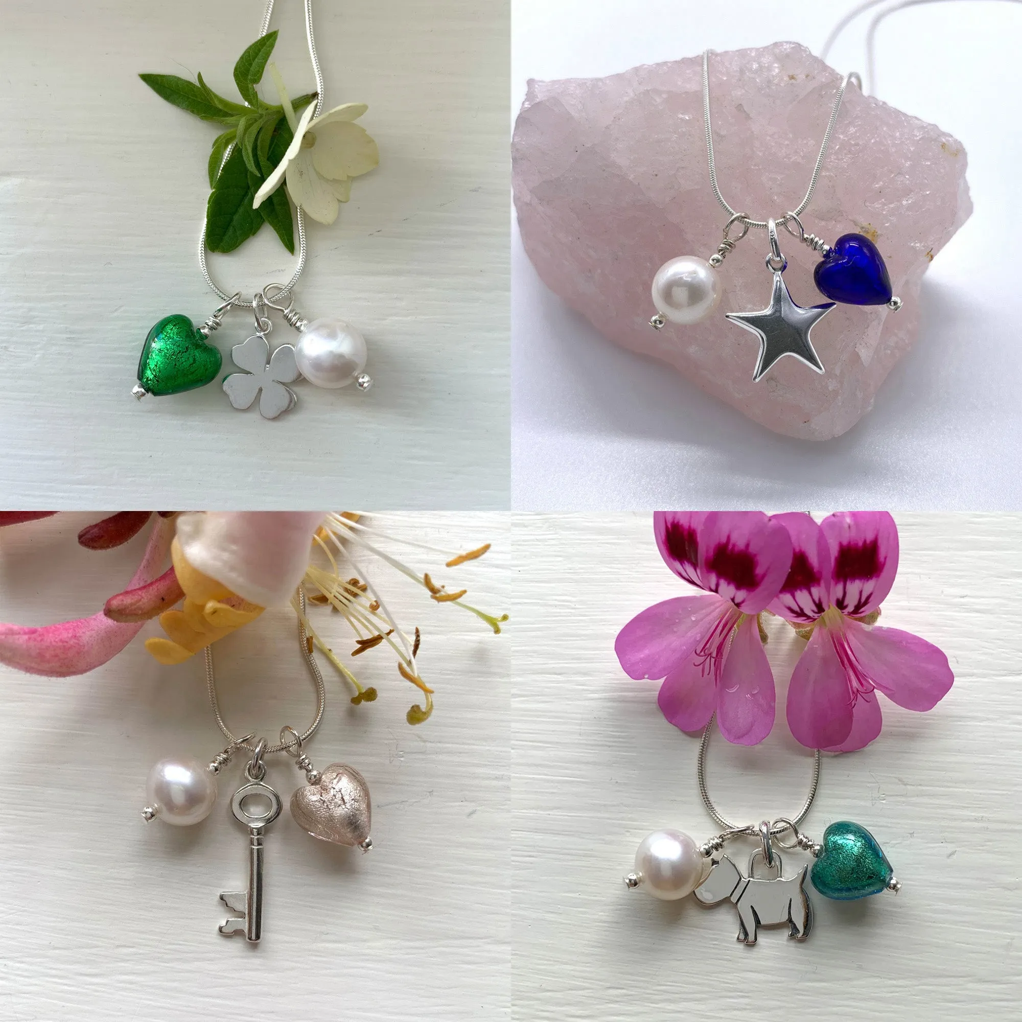 Three charm necklace in silver with dark green (emerald) heart and *charm options*