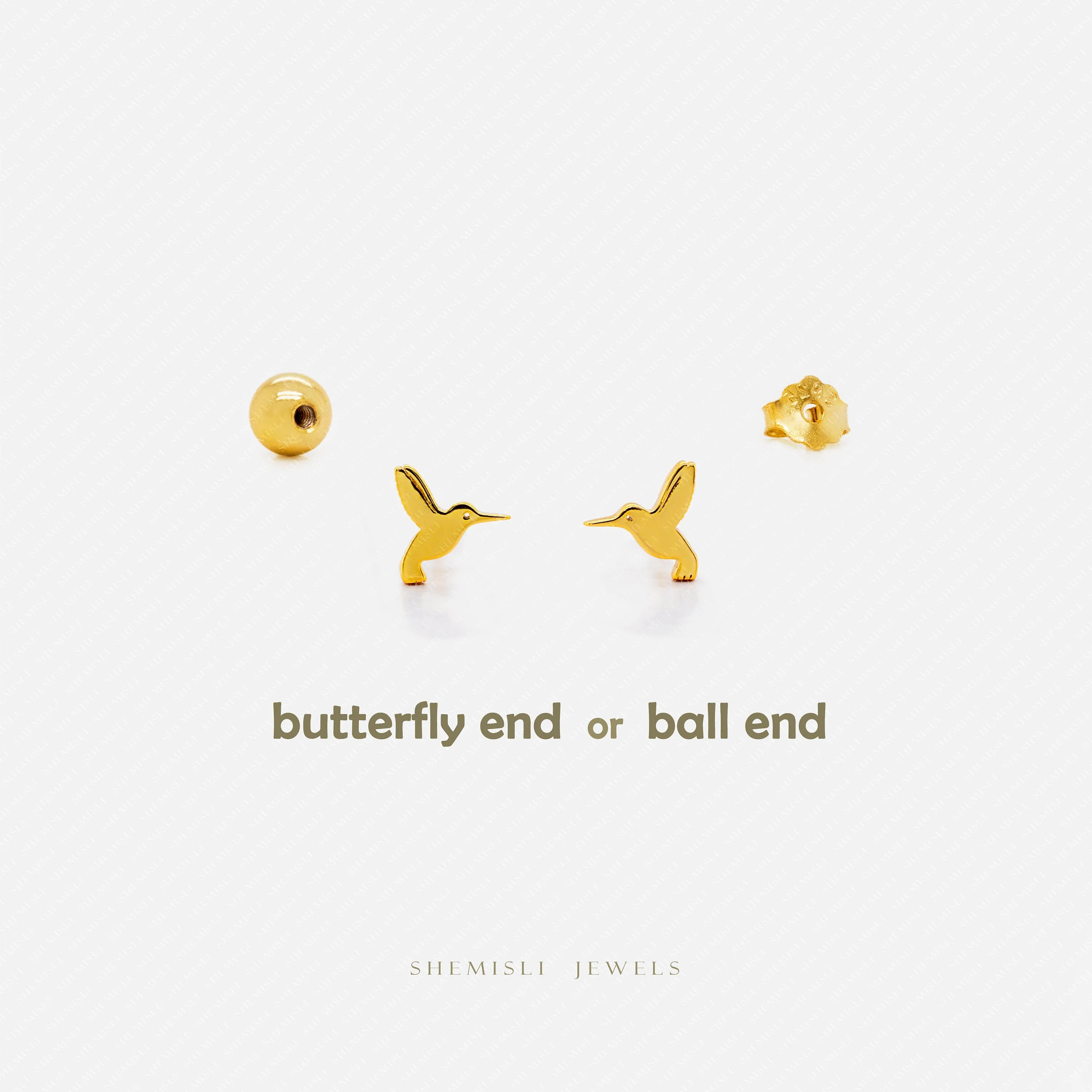 Tiny Hummingbird Stud Earrings, Unisex, Gold, Silver SS709 Butterfly End, SS710 Screw Ball End (Type A) LR