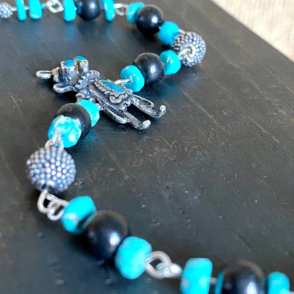 Vintage Sterling Kachina Bracelet with Genuine Turquoise, Shungite Beads