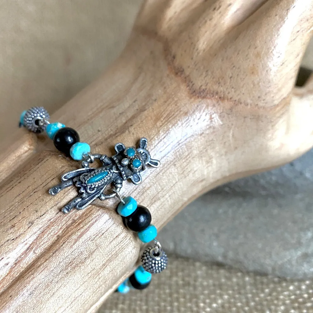 Vintage Sterling Kachina Bracelet with Genuine Turquoise, Shungite Beads