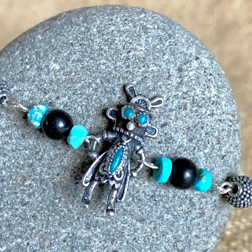 Vintage Sterling Kachina Bracelet with Genuine Turquoise, Shungite Beads