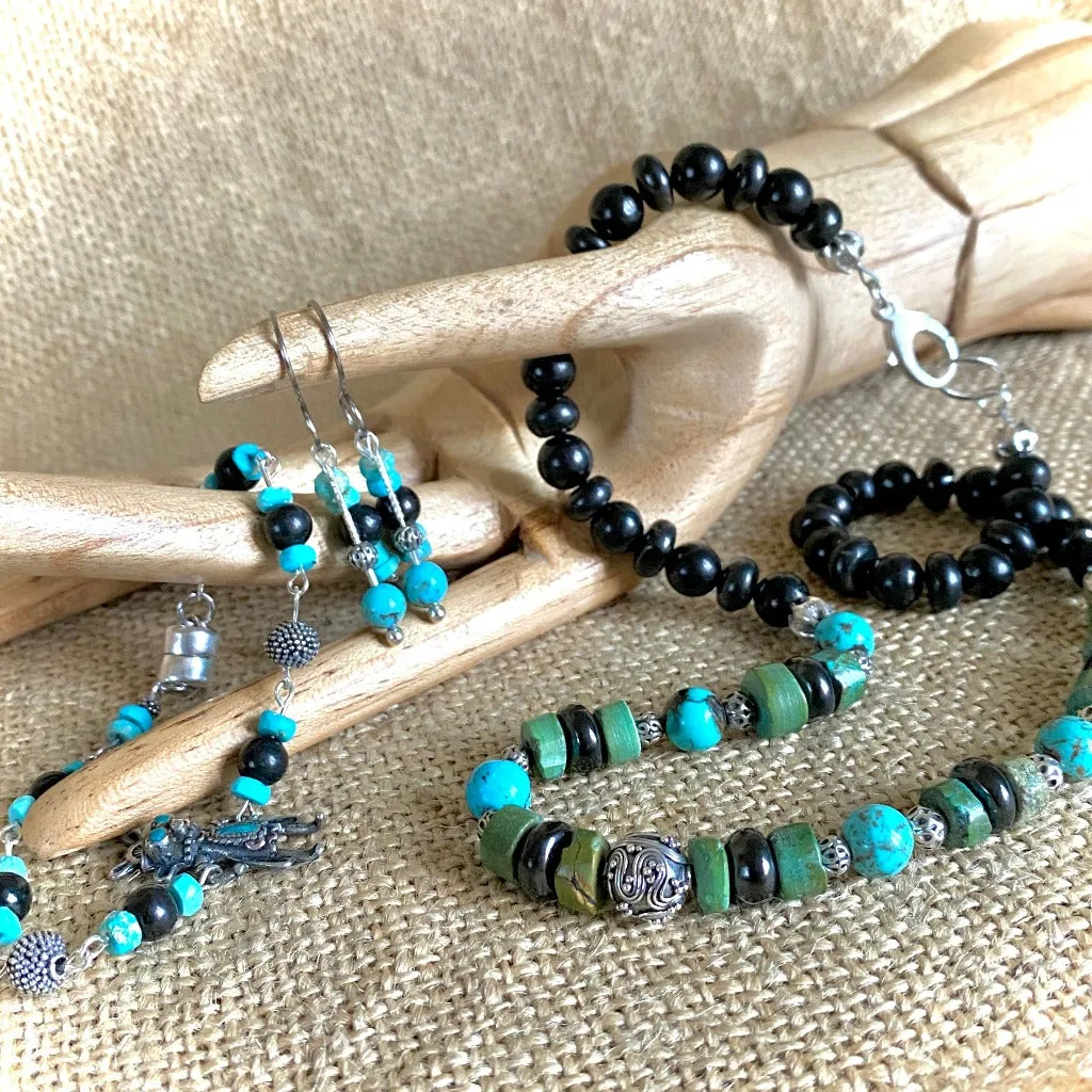 Vintage Sterling Kachina Bracelet with Genuine Turquoise, Shungite Beads