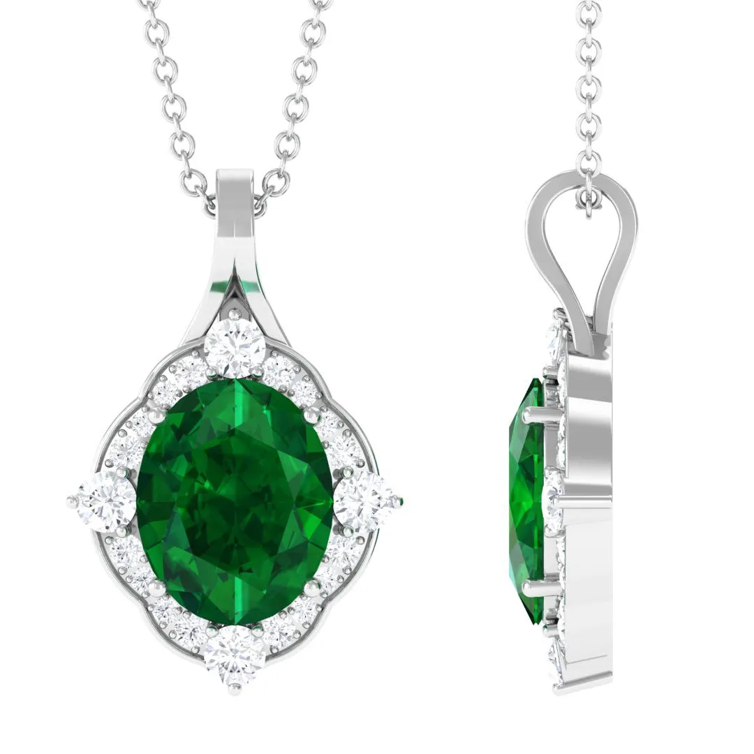 Vintage Style Oval Halo Pendant with Created Emerald and Diamond