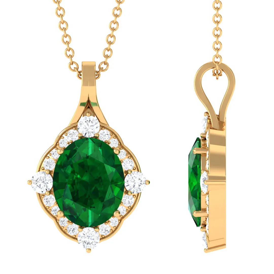 Vintage Style Oval Halo Pendant with Created Emerald and Diamond