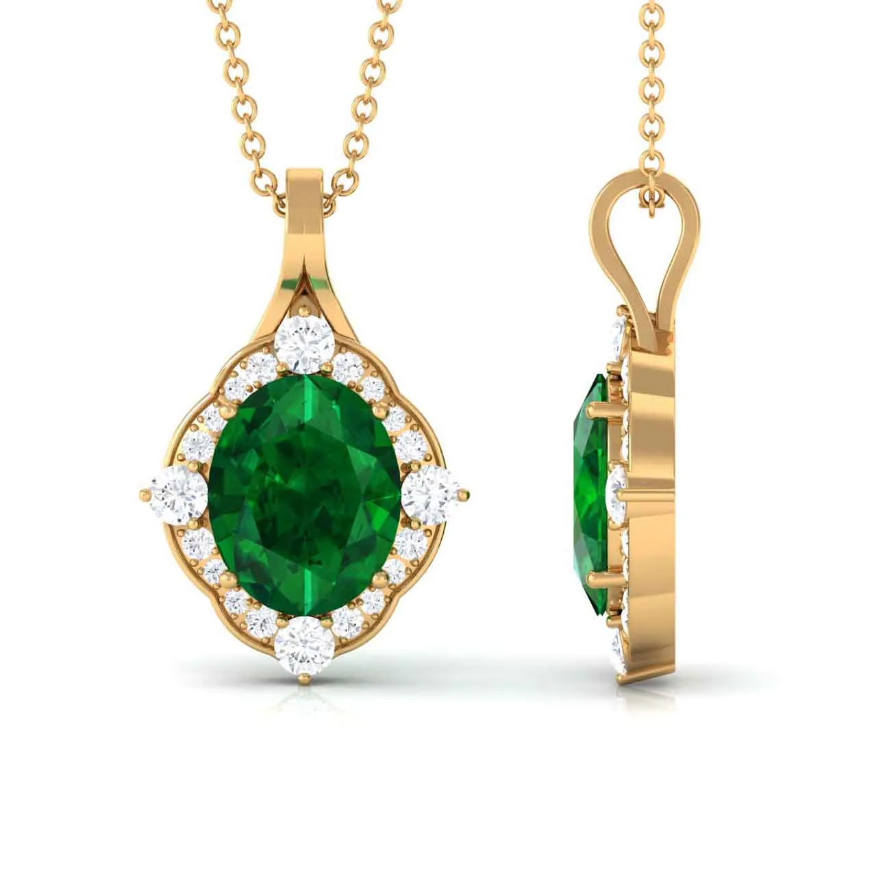 Vintage Style Oval Halo Pendant with Created Emerald and Diamond