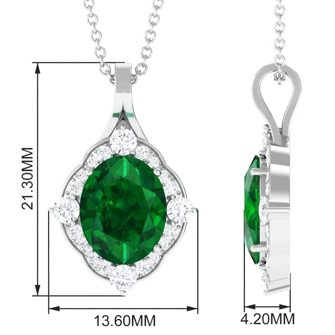 Vintage Style Oval Halo Pendant with Created Emerald and Diamond