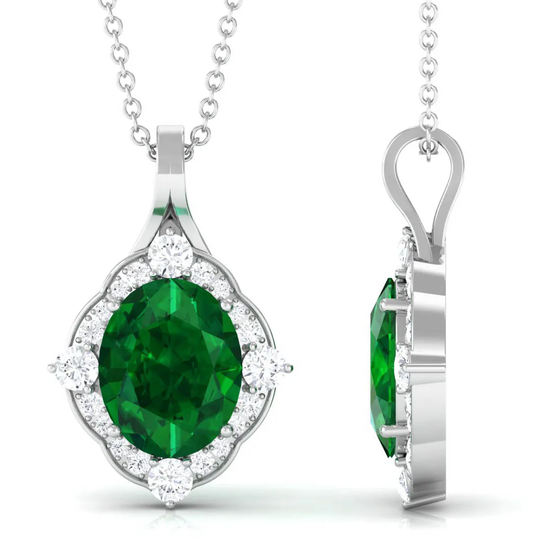 Vintage Style Oval Halo Pendant with Created Emerald and Diamond