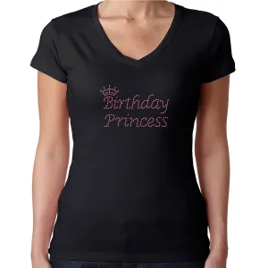 Womens T-Shirt Rhinestone Bling Black Fitted Tee Birthday Princess Crown Pink
